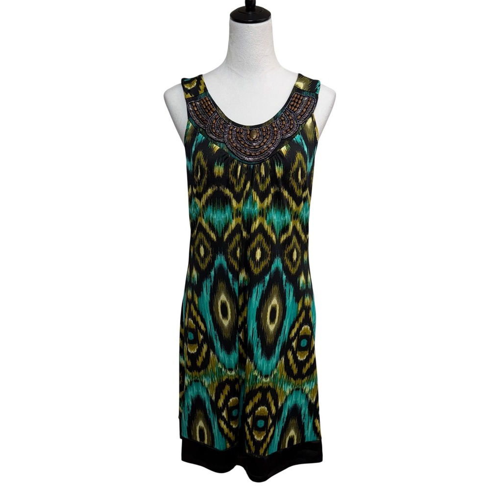 Cocomo Dress Women Large Green Black Knee Length Beaded Sleeveless Shift NEW